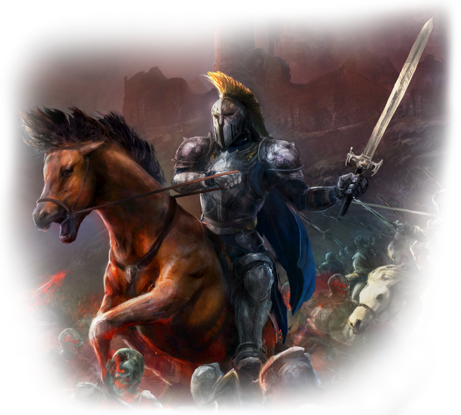 A knight on his horse charging into battle.