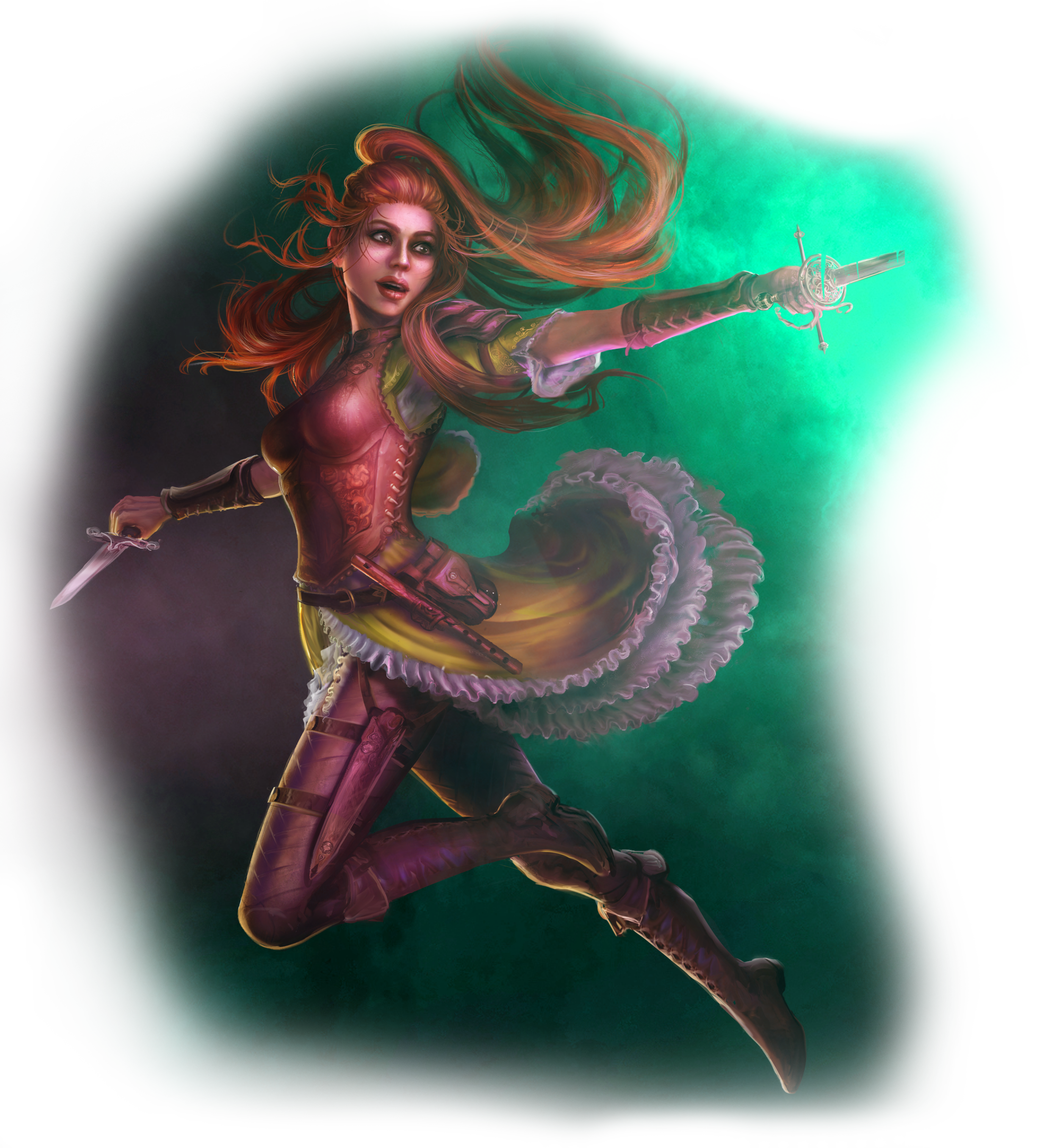 A red headed woman, a human rogue, dressed in leather and armed with a rapier and a dagger.