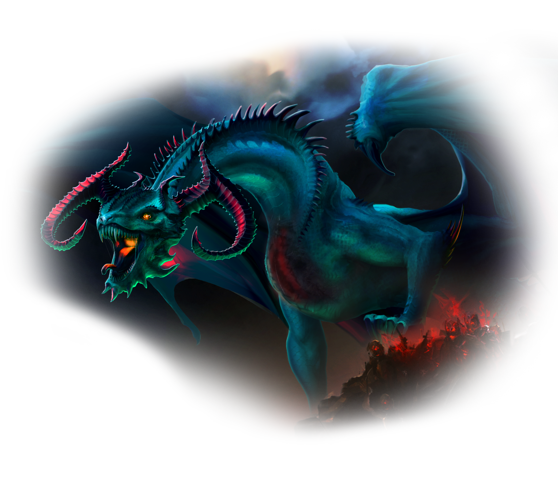 A large blue dragon, with curved horns protruding from its head, and a gaping chest.