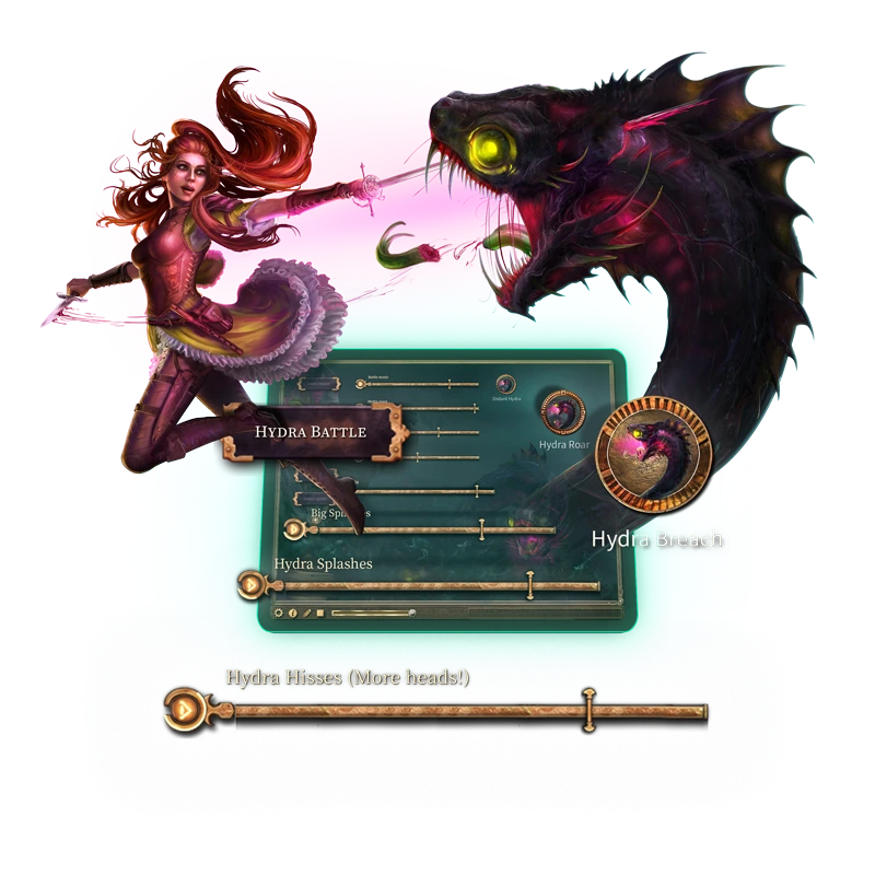 Screenshot of the Hydra Battle Soundset with the illustrated characters jumping out